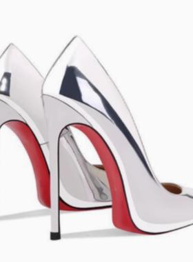 CL家银色镜面尖头超高跟鞋女细跟浅口2024秋季爆款12cm单鞋不累脚