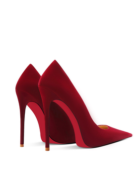 酒红色绒面尖头细跟高跟鞋女胖脚宽2025新款12cm红底浅口大码单鞋