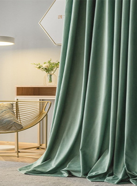 新款美式复古轻奢风天鹅绒丝绒孔雀蓝色客厅卧室飘窗加厚遮光窗帘