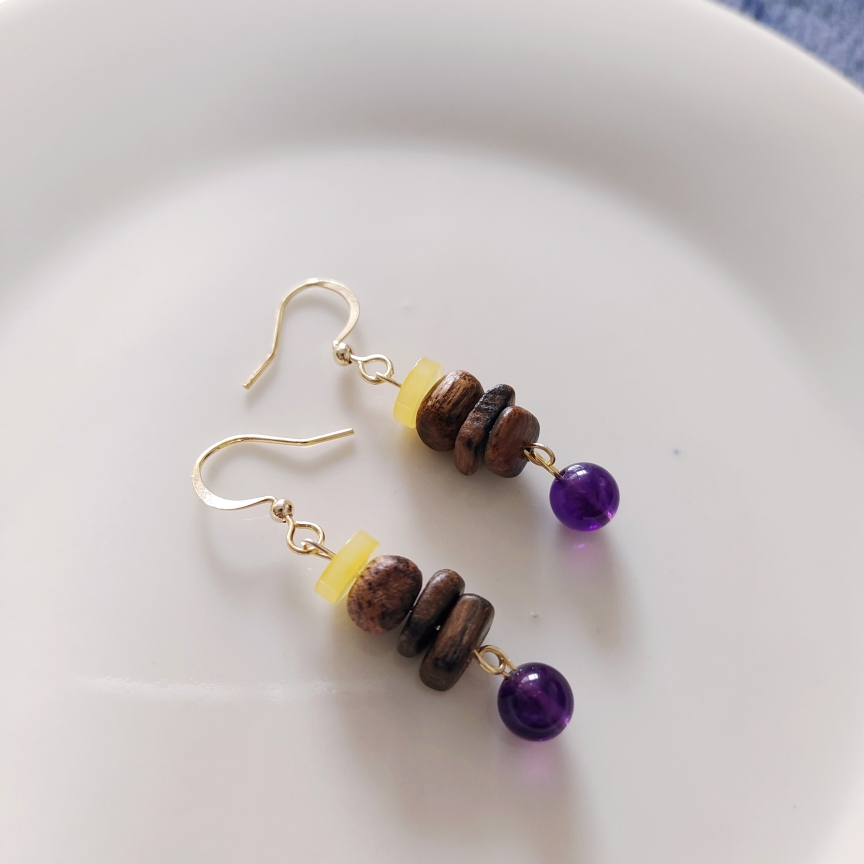 原创天然蜜蜡浓紫晶深紫水晶达拉干沉香木不规则手工耳环耳饰品女