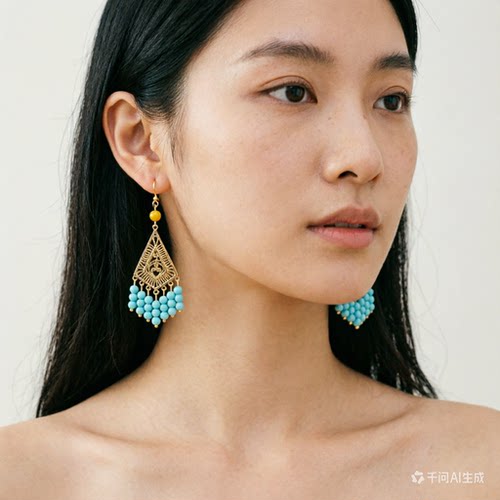 原矿蜜蜡绿松石耳饰蓝黄色原创小众高级感波西米亚民族风流苏耳环
