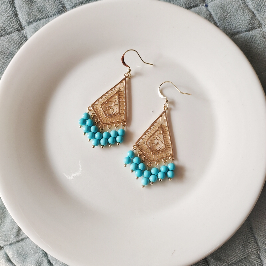 天然蒙松绿松石k金流苏耳环耳饰小众高级文艺原创异域民族风时尚