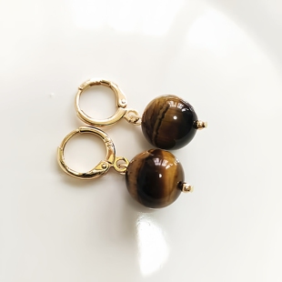 日系可爱天然虎眼石虎晶石圆珠美拉德色系耳环女金色扣环耳饰11MM