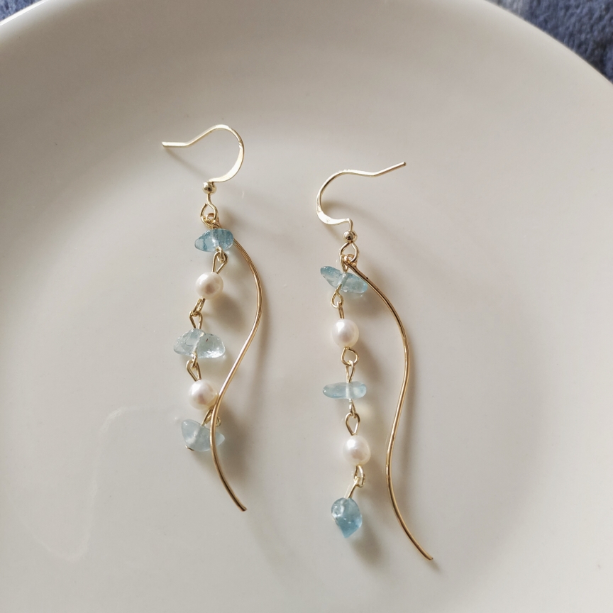 天然海蓝宝碎石珍珠耳环耳饰耳坠耳链新中式复古风汉服配饰高级感