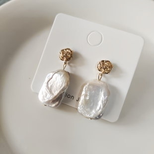 天然异形幻彩珍珠方形大巴洛克玫瑰花耳环耳钉耳饰女小众原创设计