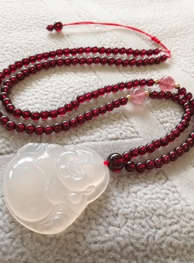 小佛项链吊坠红石榴石项链手工编织女简约时尚毛衣链女白玉髓原创