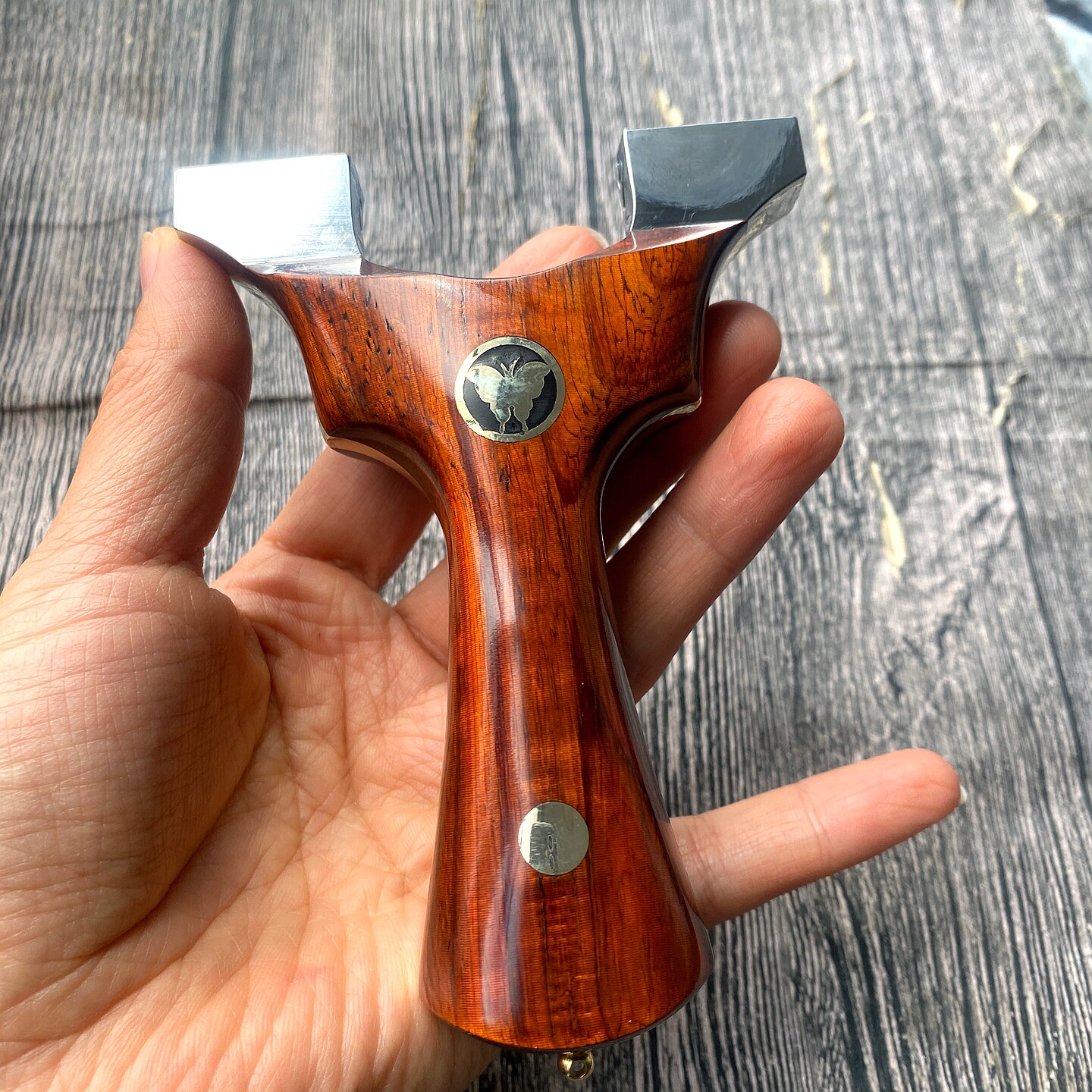 新款钛合金龙齿快压蝴蝶弹弓实木紫檀黄铜木质免绑夹片扁皮反曲弓