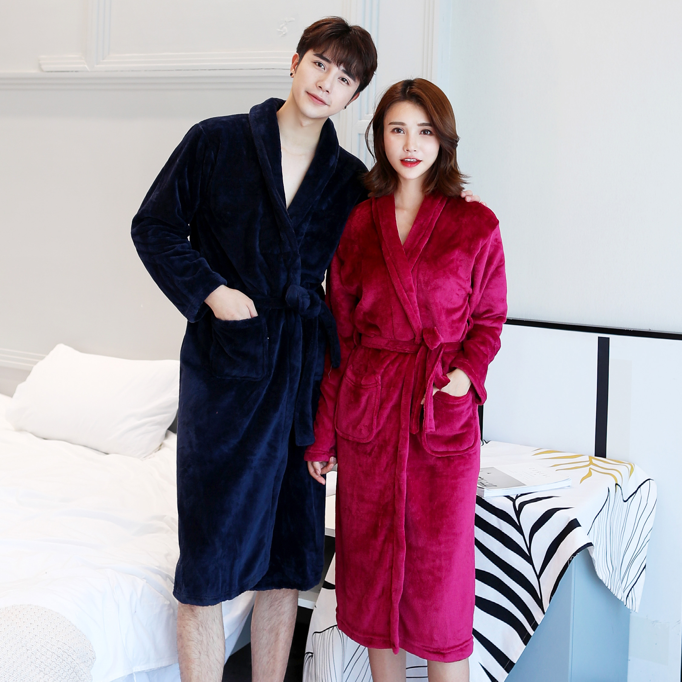 情侣法兰绒睡袍大码情侣