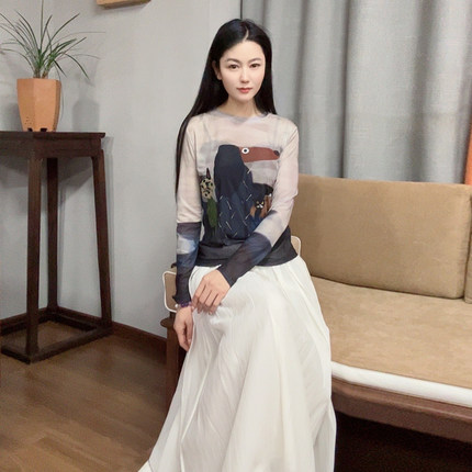 浒城古娘新款弹力印花圆领长袖百搭修身薄款新中式国风上衣女夏季