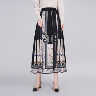 浒城古娘新款 国风马面裙女春秋 重工刺绣百褶高腰A字半身裙新中式