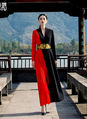 国风长裙盘龙绣原创腰带修身设计高腰撞色拼接气质礼服女士连衣裙