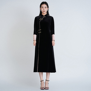 浒城古娘春季新款女装黑色优雅丝绒长袖新中式旗袍连衣裙女款春秋