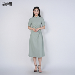 浒城古娘夏季新款女装刺绣气质收腰中长款新中式国风连衣裙女春夏