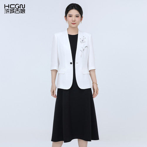中国风醋酸夏季西服刺绣显瘦套装