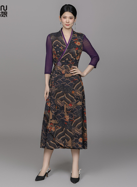 浒城古娘新款香云纱真丝气质复古印花薄款新中式国风连衣裙女夏季