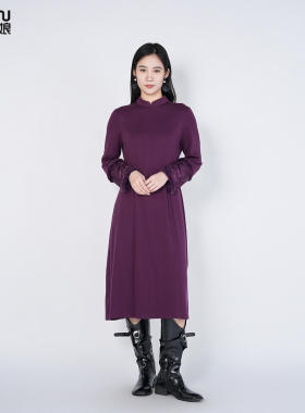 浒城古娘新款精致刺绣棉质气质长袖紫色新中式国风连衣裙女春秋