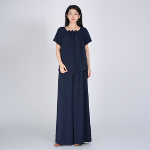 女夏季 浒城古娘新款 国风套装 复古宽松百搭时尚 纯色方领新中式