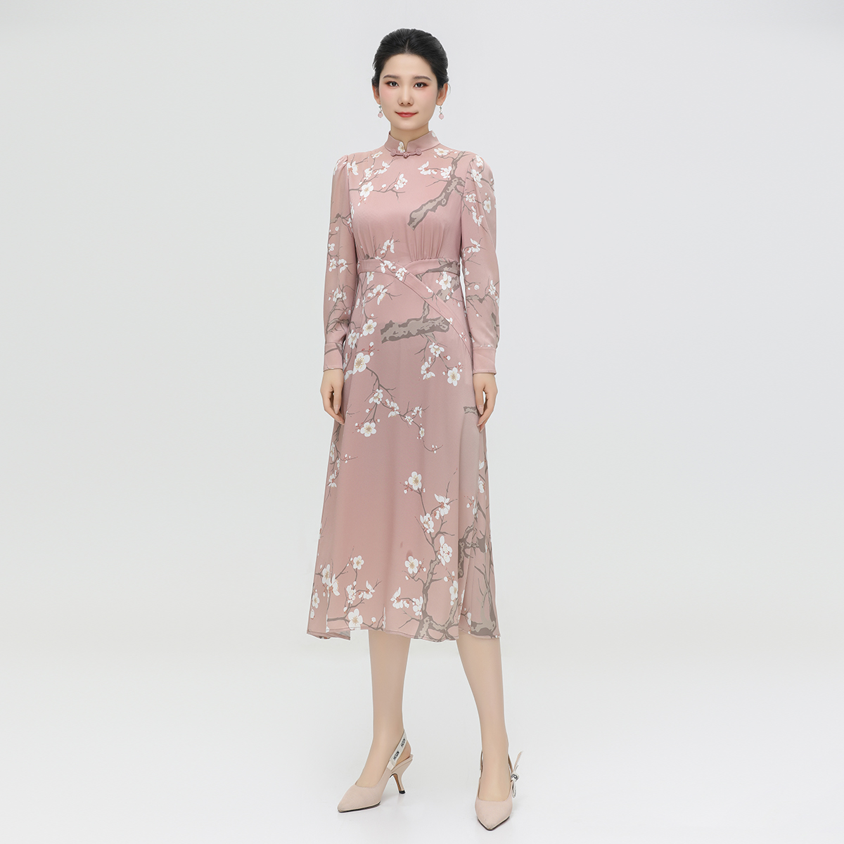 醋酸复古粉色优雅中国风连衣裙