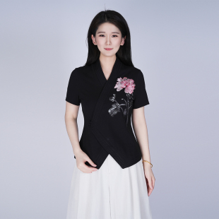 浒城古娘新款刺绣棉质V领气质百搭短袖新中式国风T恤上衣女士夏季