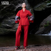 浒城古娘新款 女春秋 国风套装 刺绣复古气质羊毛西服上衣裤 子新中式