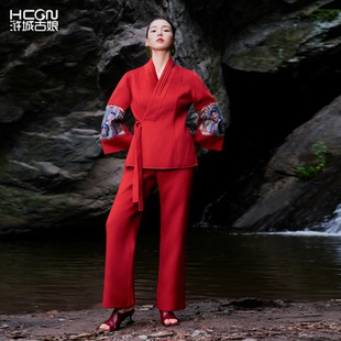 国风套装 子新中式 女春秋 刺绣复古气质羊毛西服上衣裤 浒城古娘新款