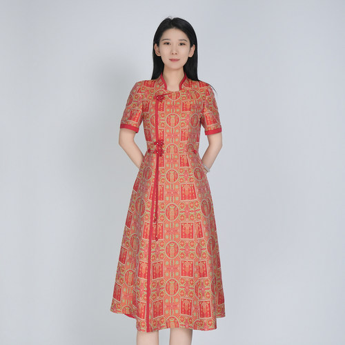 【大师系列-张和才蜀锦】喜庆高端气质盘扣新中式国风连衣裙女夏