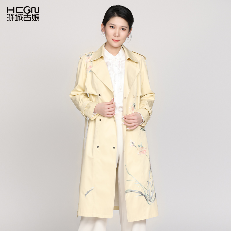 国风重工刺绣显瘦中长款风衣外套