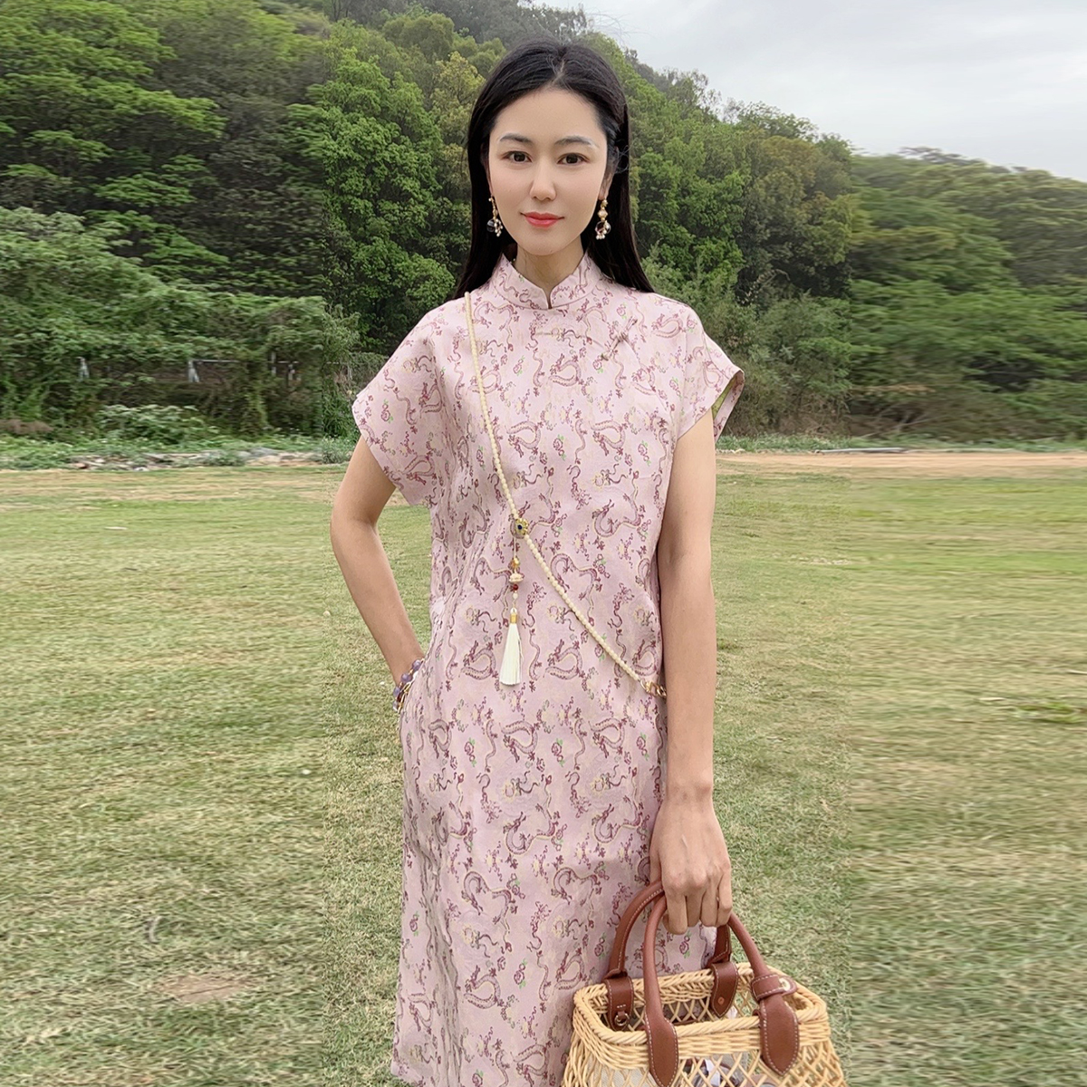 浒城古娘新款印花复古气质立领短袖新中式国风旗袍连衣裙女夏季