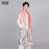 过膝长款 新款 复古翻领外套双排扣气质修身 印花女士日出霞光风衣