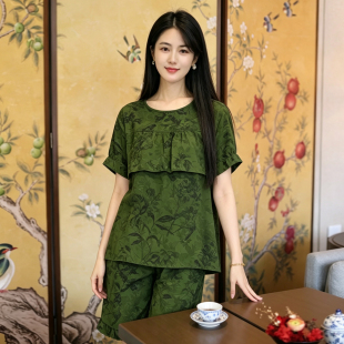 中式居家印花短袖套装女夏季薄款两件套宽松休闲舒适时尚搭配睡衣