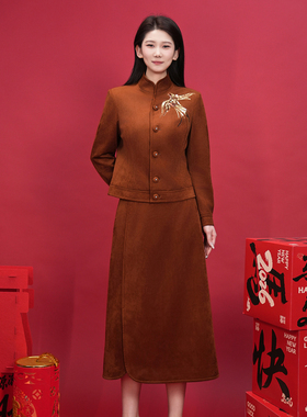 浒城古娘新款刺绣气质复古红色拜年长袖新中式国风套装女装春秋