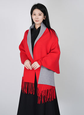 【两面穿】秋冬新款红色流苏针织披肩斗篷女中长款保暖外套