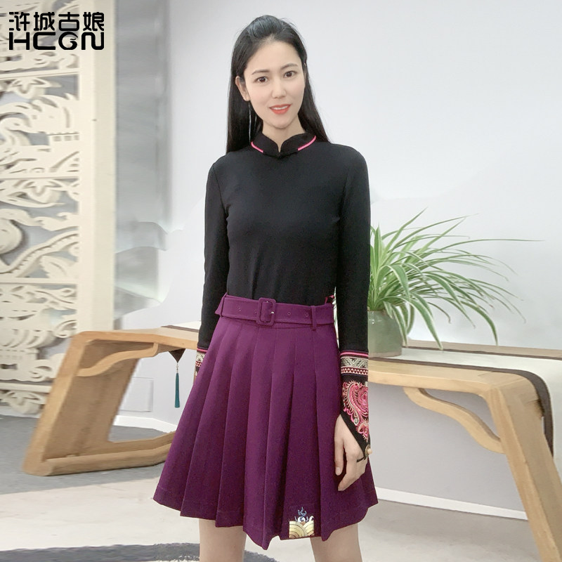 浒城古娘百褶裙女春秋中式刺绣腰带A字裙金色年代清新百搭半身裙,女装/女士精品,半身裙,淘宝优惠券,粉丝福利购,淘宝优惠卷