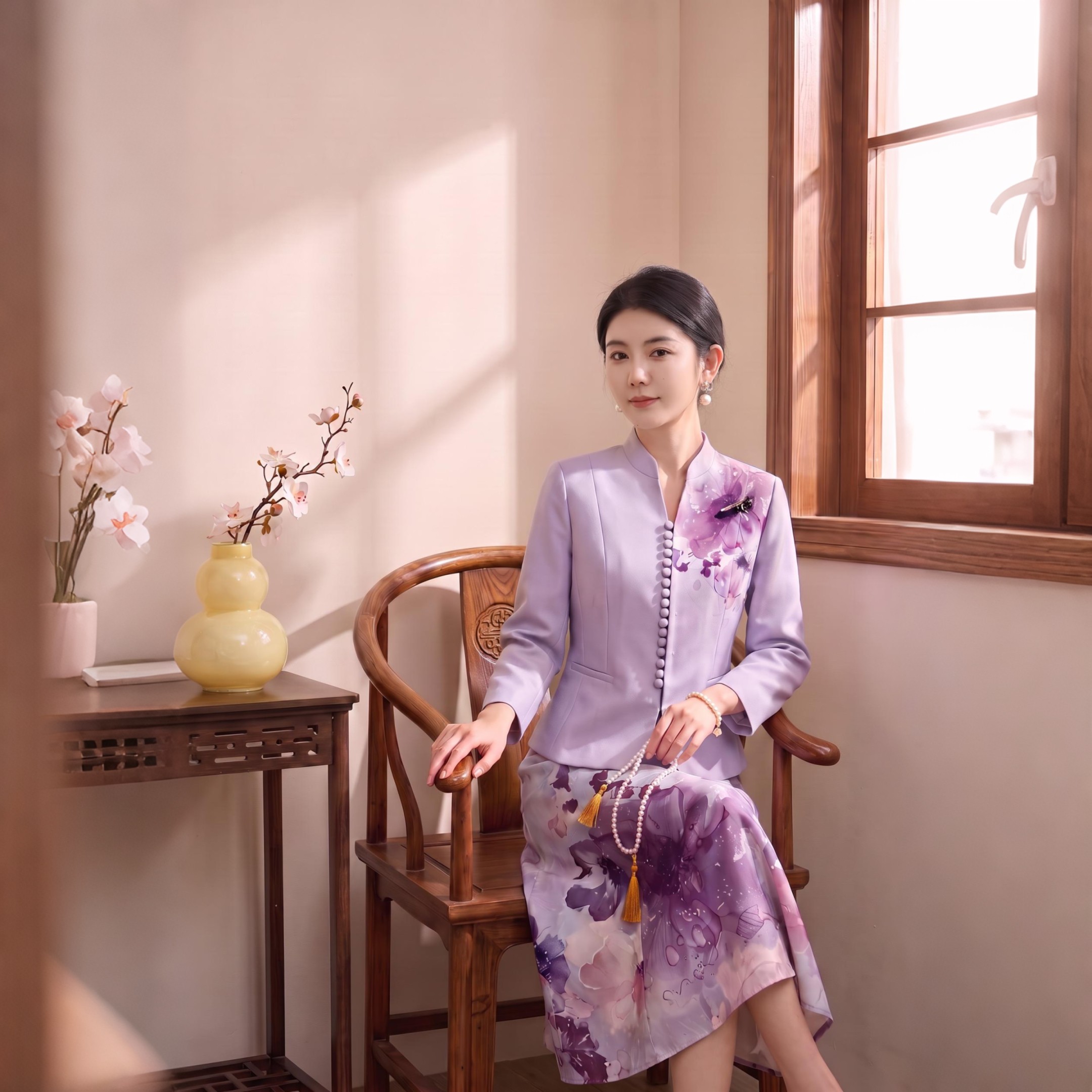 中式国风套装女秋水墨紫色印花立领盘扣短外套 A 字半身裙两件套