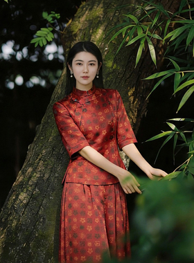 26夏新款桑蚕丝中国风印花套装女秋季气质红色显瘦两件套时尚女装