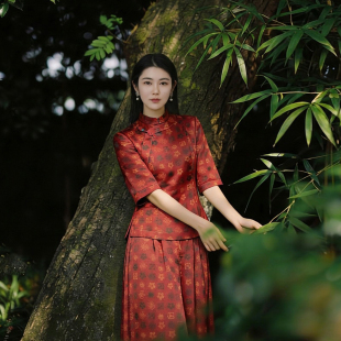 夏季 浒城古娘新款 女装 国风两件套装 桑蚕丝印花气质立领红色新中式