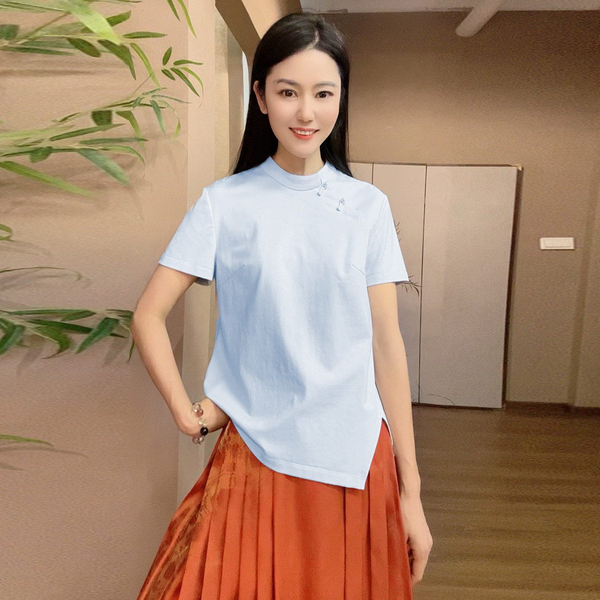 2025棉质夏季中国风百搭时尚气质短袖通勤纯色显瘦女新款T恤上衣