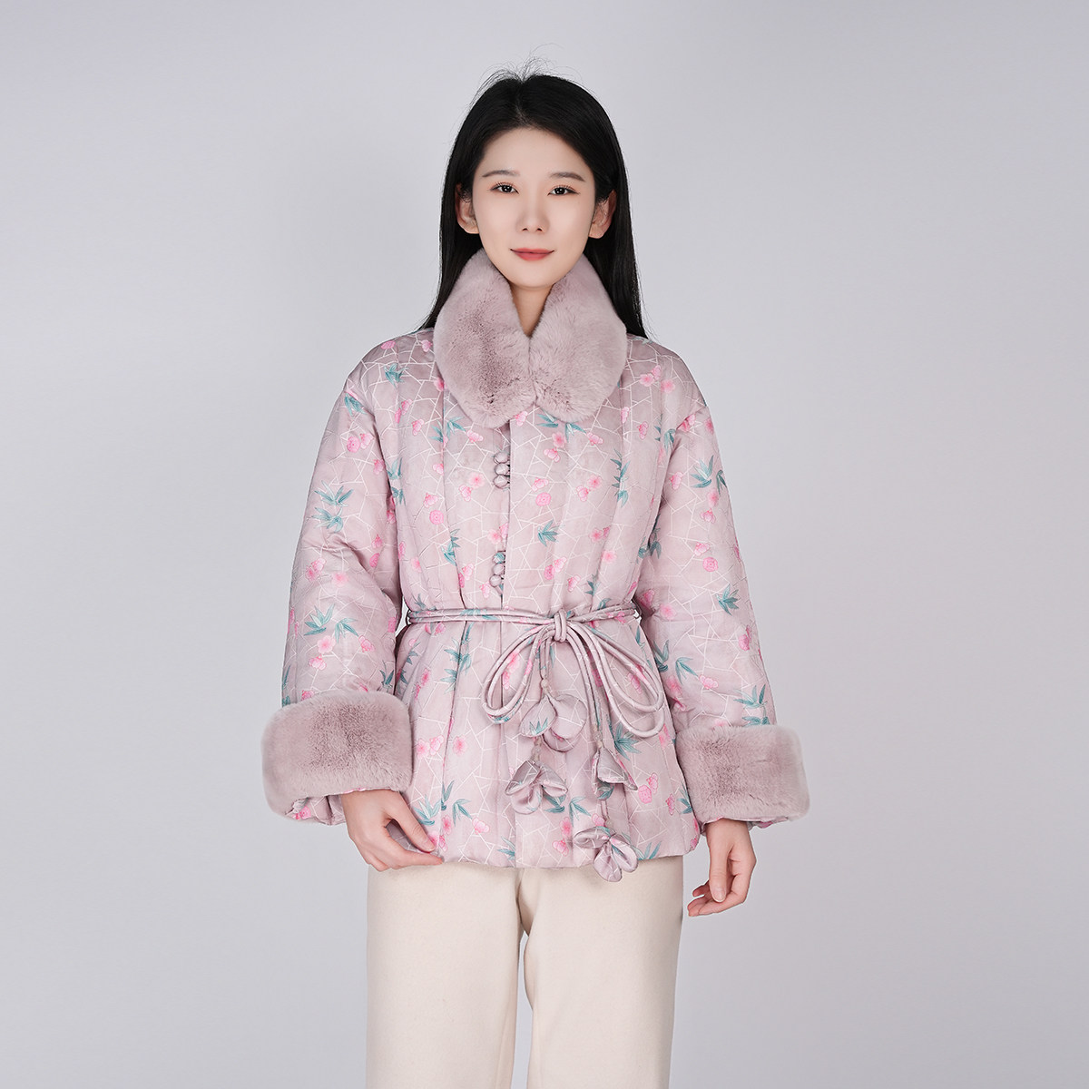 冬季新款90白鸭绒女装系带印花保暖短款新中式国风羽绒服女款秋冬