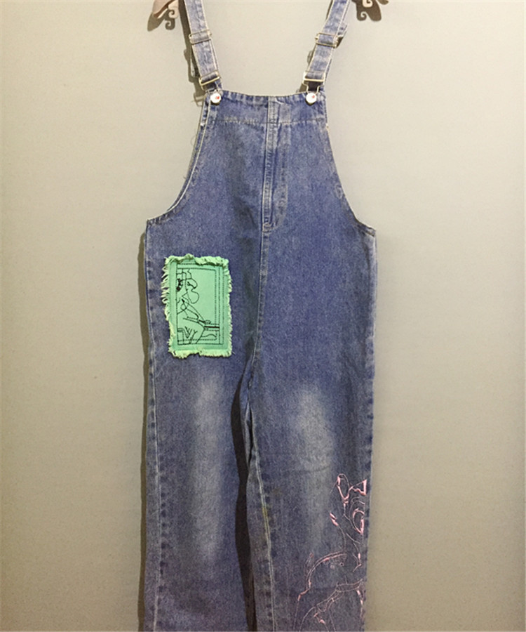 【原 价¥118】vintage 日本古着水洗工装卡通贴布背带连体牛仔裤
