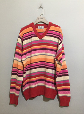 【原 价¥188】vintage  意大利制古着billi拼色横条纹V领羊毛衣