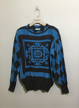 【原 价¥158】vintage  日本制古着EBA BRAWN垫肩款湖青色毛衣