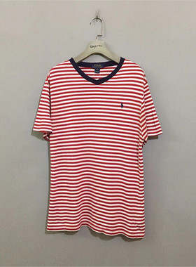 【原 价¥118】vintage 美国时装古着Ralph L@uren红色横条纹体恤
