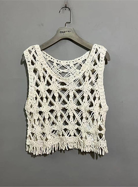 【上新价68】vintage  韩国古着白色镂空流苏背心吊带