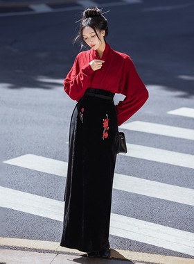 拟梦偏爱国风原创红色毛衣飞机袖黑色丝绒长旋裙秋冬日常通勤汉服