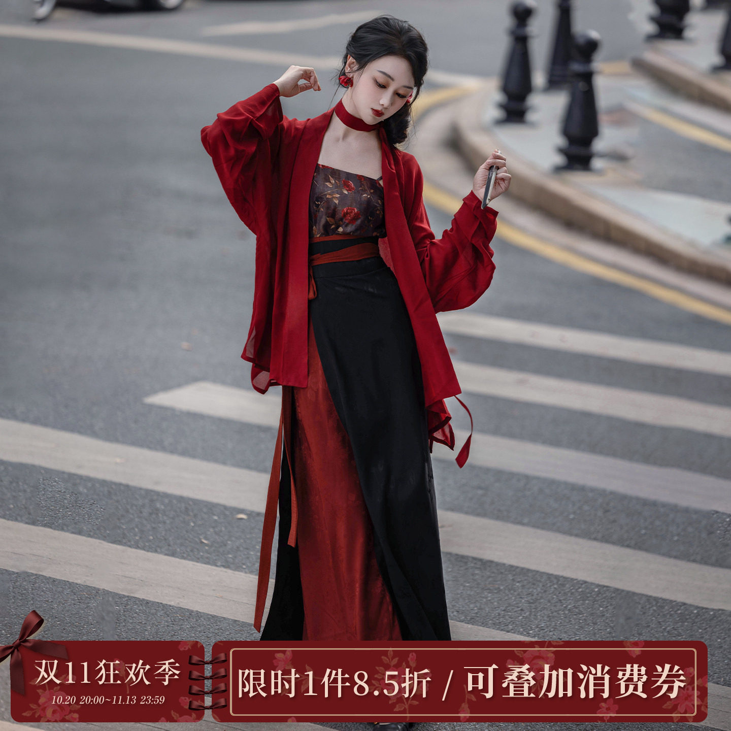 拟梦玫瑰夜语 原创宋制汉服飞机袖旋裙红黑港风御姐系通勤春秋女