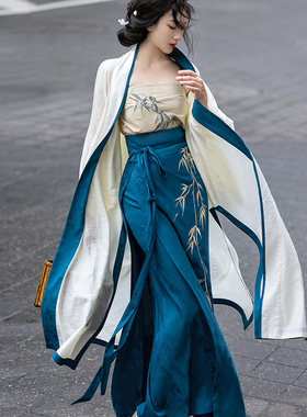 拟梦竹语国风原创宋制旋裙三件套长干寺天丝提花刺绣竹子日常汉服