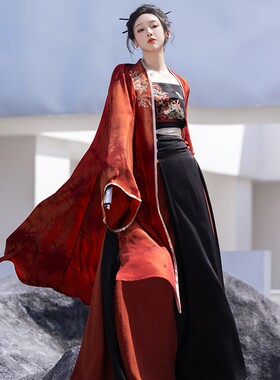 拟梦涅槃国风原创红黑系直袖褙子四破三裥裙宋制汉服日常酷飒显瘦