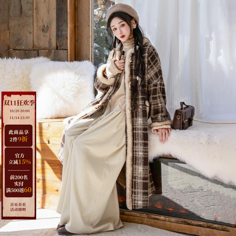 拟梦加绒外套有口袋的格子长袄