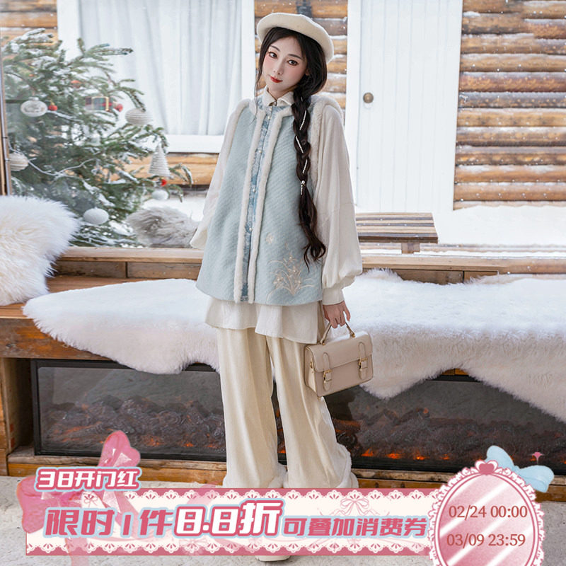 拟梦雪绒绒 原创明制比甲改良立领衬衫阔腿裤 蕾丝圈毛秋冬毛呢