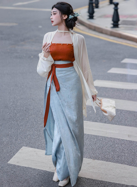 拟梦等烟雨 原创汉服宋制旋裙飞机袖撞色高品质通勤人丝提花钉珠